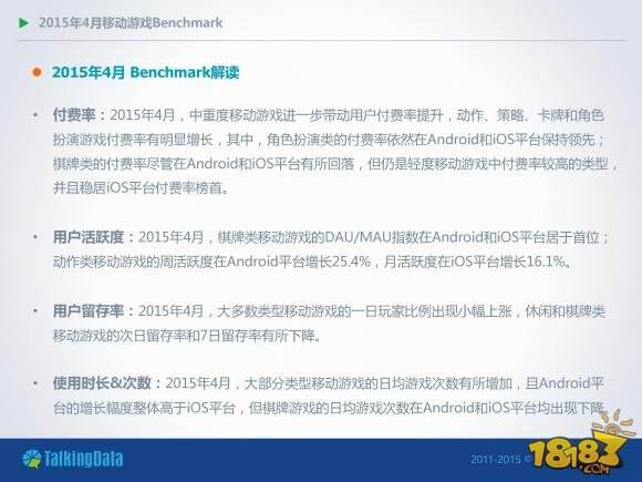 2015年4月移动游戏Benchmark(付费率、DAU/MAU、月活跃率、一日玩家比例、次日留存率等一系列数据)